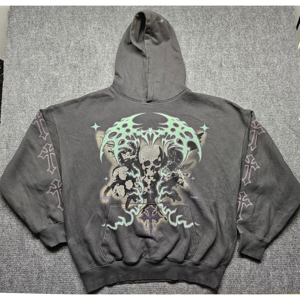 Vitriol Sinners Saints Rhinestone Skull Graphic Hoodie Washed Black XL